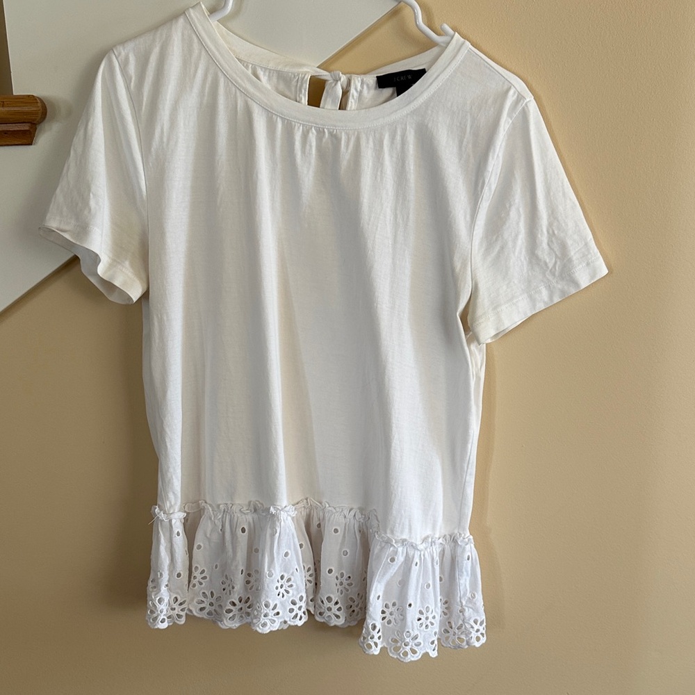 J Crew White Eyelet Hem Women Top Size M